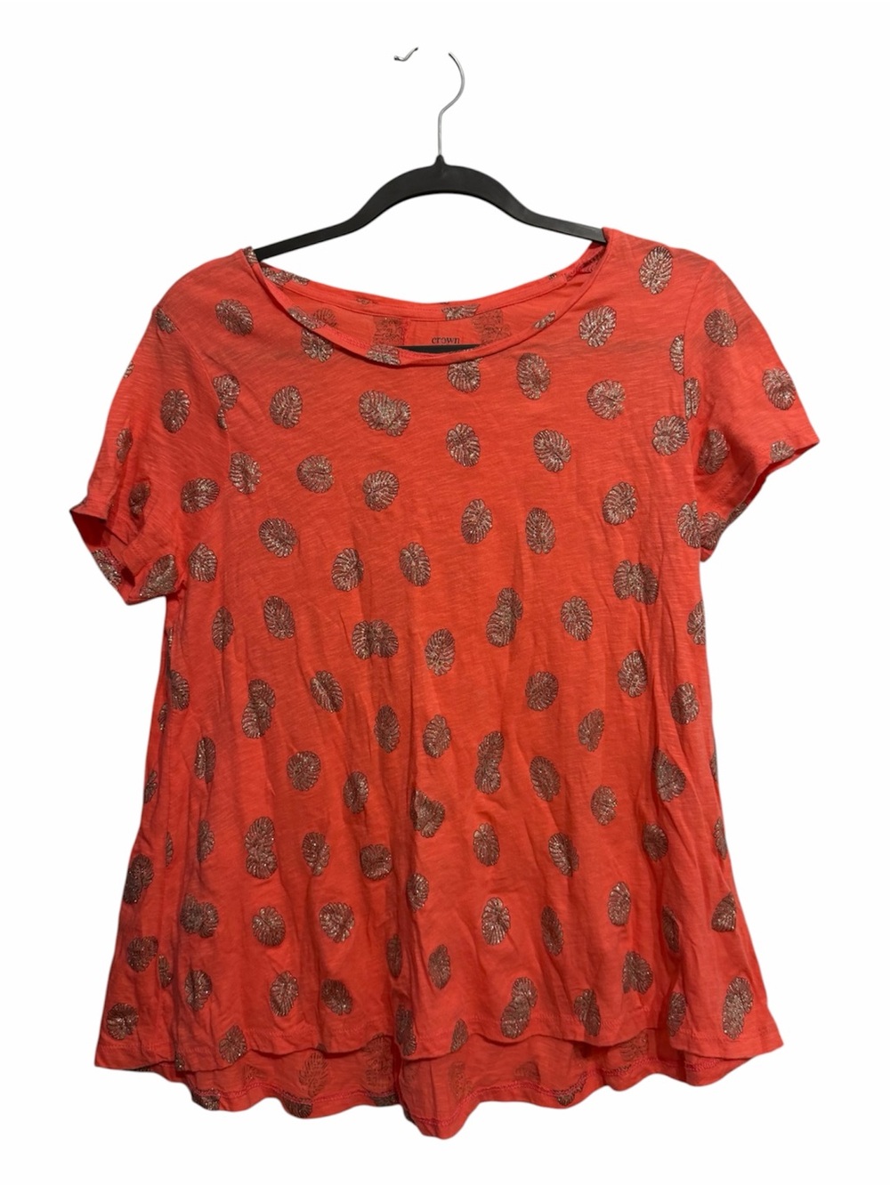 crown & ivy Orange Short Sleeve Scoop Neck Top with Metallic Print